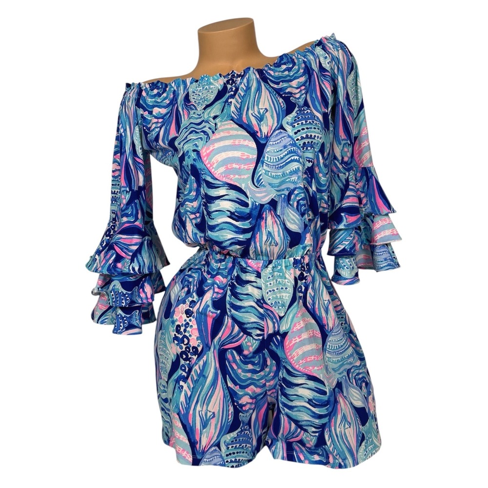 Lilly‎ Pulitzer Women's Shell Me About It Romper Blue Pink Ruffle Bell Sleeve XS